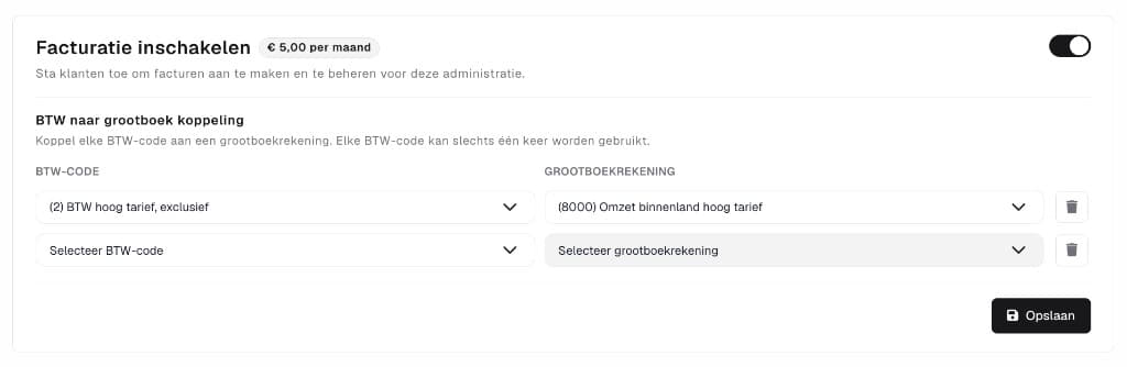 Facturatie inschakelen en BTW naar grootboek koppelen onder Admin details