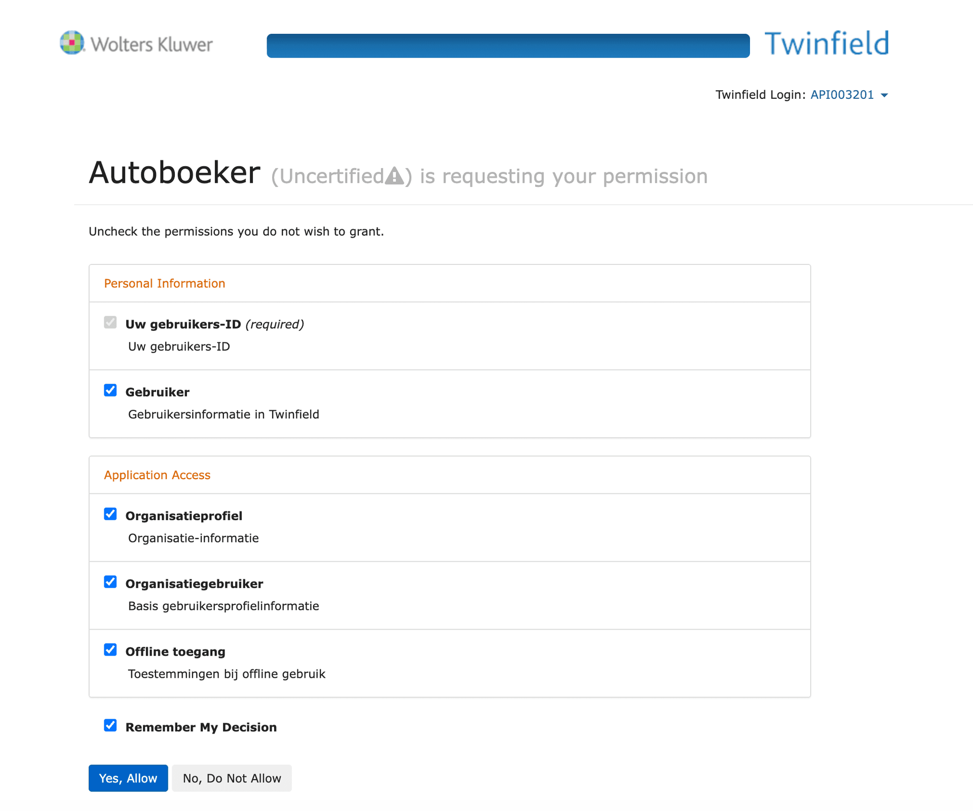 Twinfield autorisatiescherm